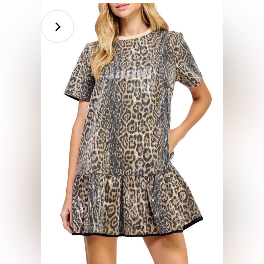 Strut and Bolt Sequin Taupe Leopard Mini Dress Size Small NWT - Picture 2 of 12